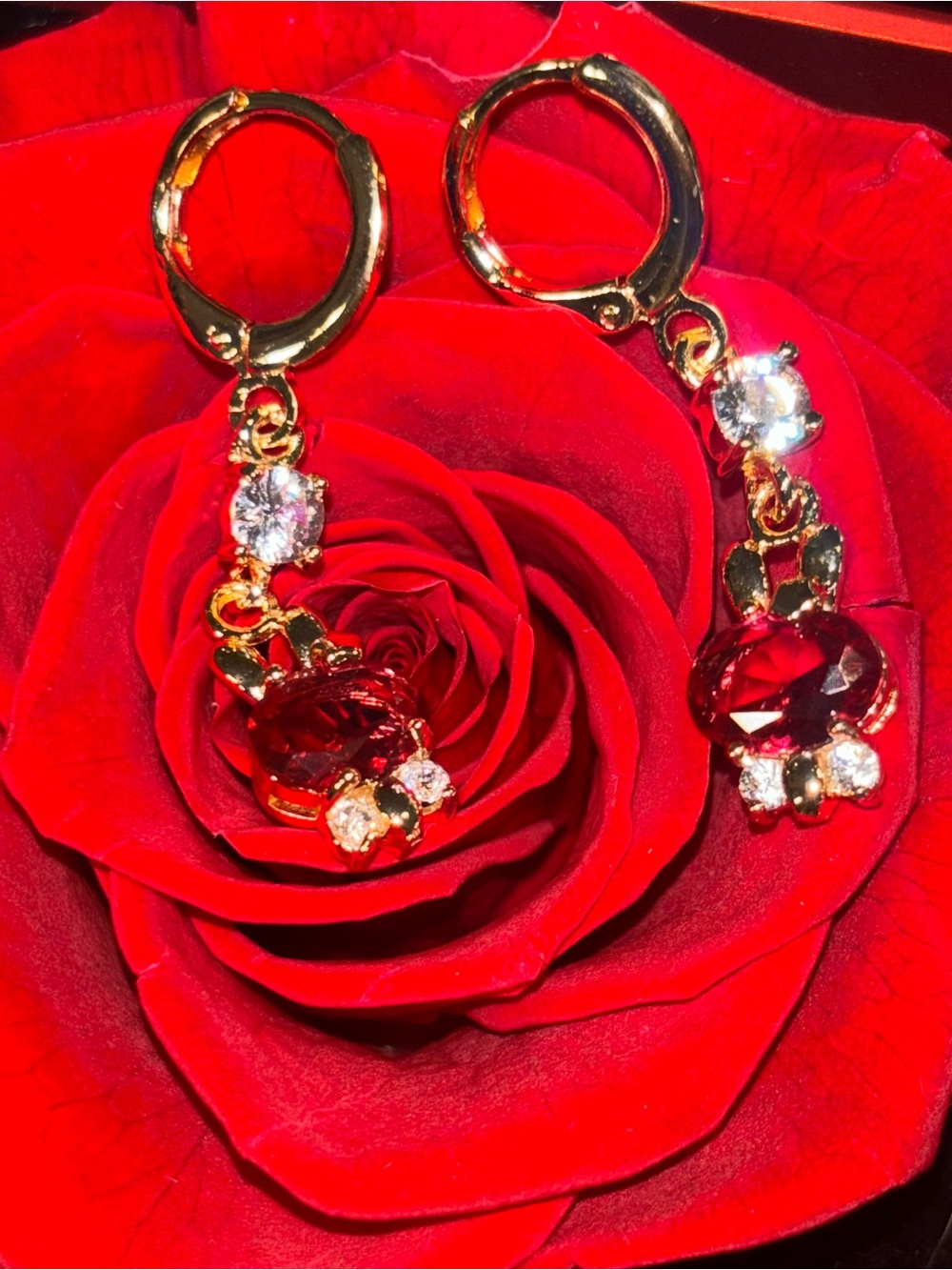 Gold-Plated Red Crystal Drop Earrings